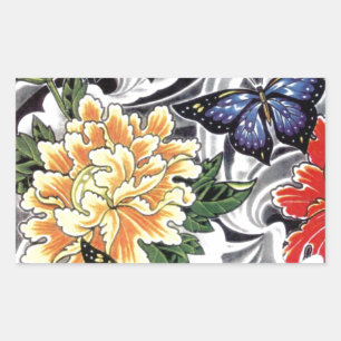 Gult Peony och Butterfly Tattoo Design Rektangulärt Klistermärke
