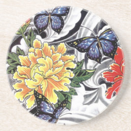 Gult Peony och Butterfly Tattoo Design Underlägg Sandsten