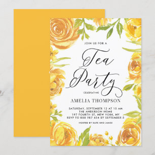 Gult Peony och Ro Blommigt Wandete Tea Party Inbjudningar