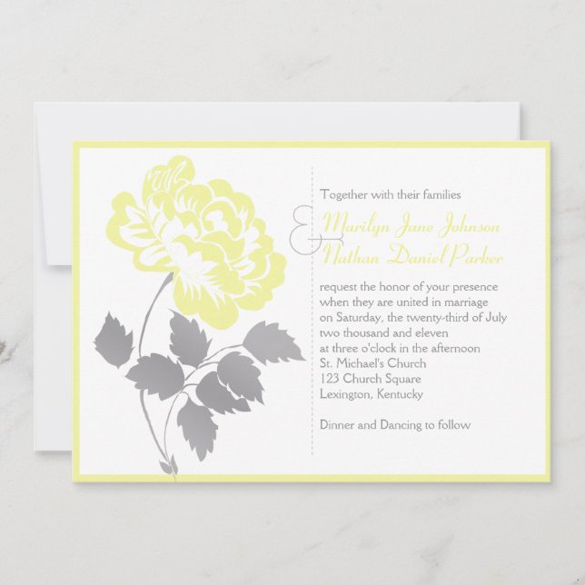 Gult Peony på inbjudan till White Wedding (Framsida)