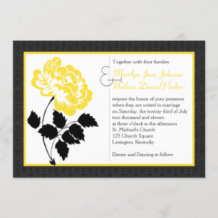 Gult Peony på White med Charcoal Black Damask Inbjudningar