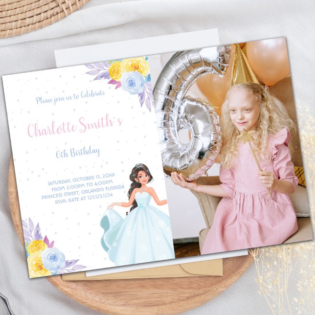 Gult Photo Blommigt Princess Birthday Investigatio Inbjudningar (Yellow Photo Floral Princess Birthday Invitations)