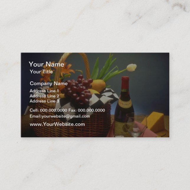 Gult Picnic basket med vin, ost, bröd och Visitkort (Framsida)