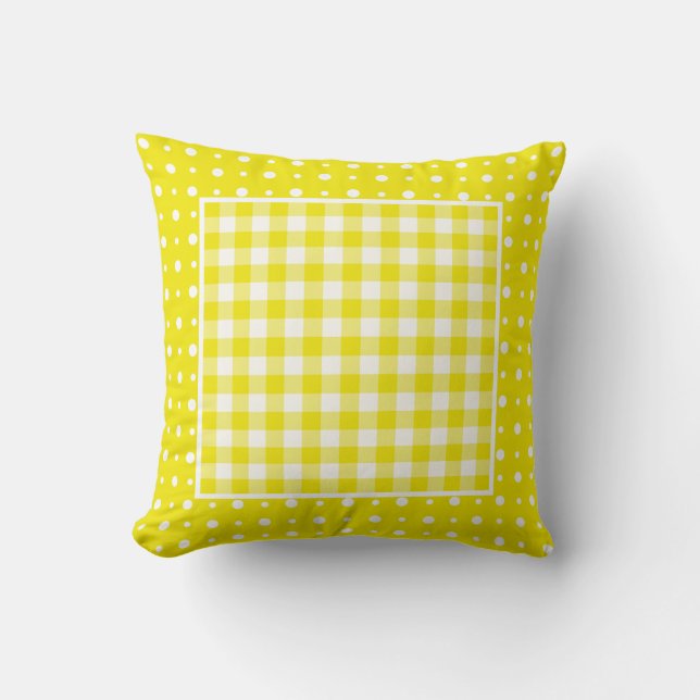 Gult Pillow eller Cushion, Polka dots och Gingham Kudde (Framsida)