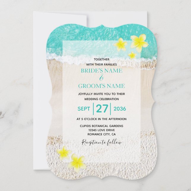Gult Plumeria Frangipani Tropical Beach Wedding Inbjudningar (Framsida)