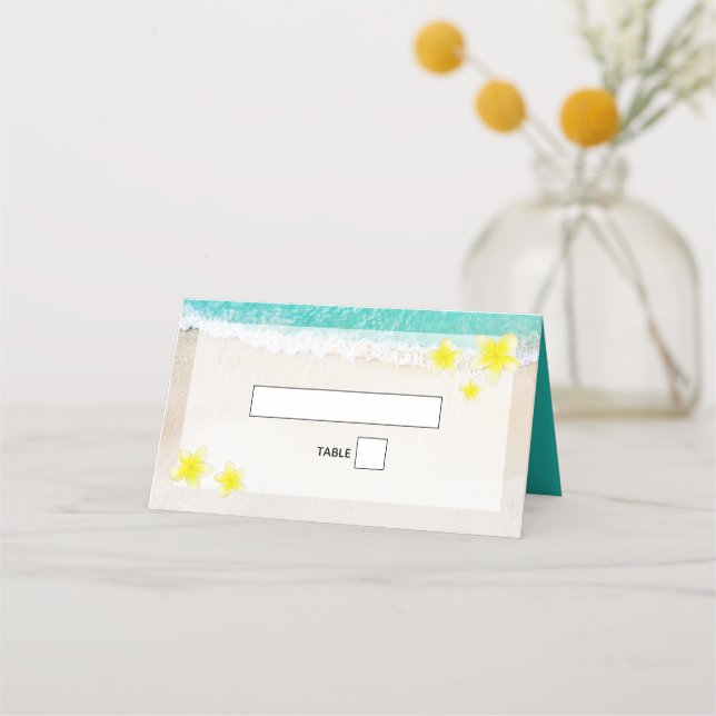 Gult Plumeria Frangipani Tropical Beach Wedding Placeringskort (Framsida)