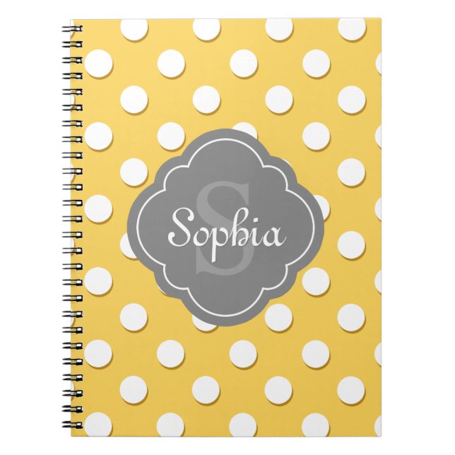 Gult Polka Dot Mönster Grått Monogram Anteckningsbok Med Spiral (Framsidan)