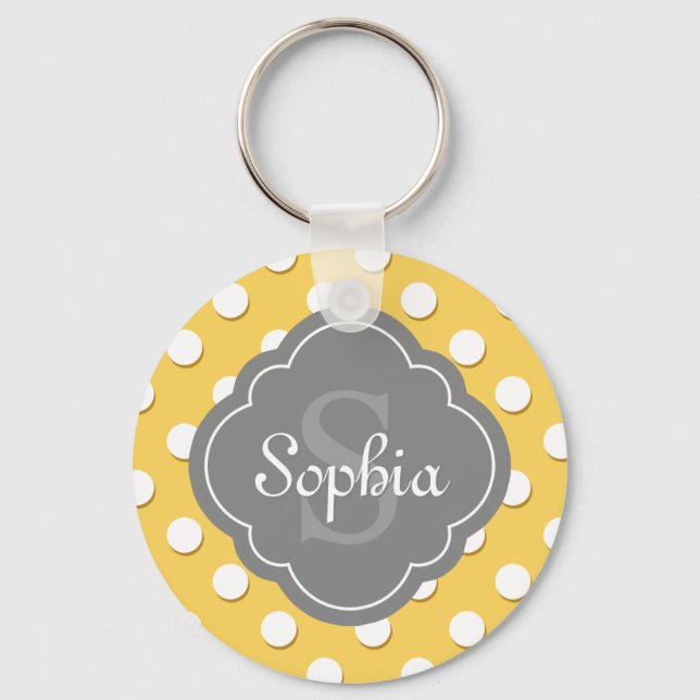 Gult Polka Dot Mönster Grått Monogram Nyckelring (Framsida)