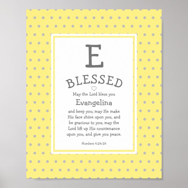 Gult Polka Dot Namn Blessing Nursery Poster (Framsidan)