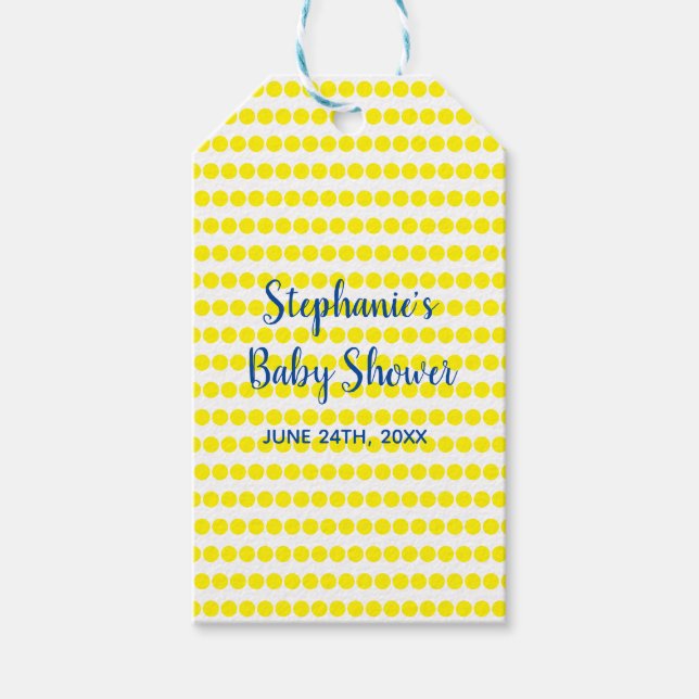 Gult Polka dots Blue White Baby Shower Cute 2021 Presentetikett (Framsidan)