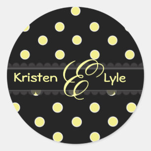 Gult polka dots monogramklistermärken runt klistermärke