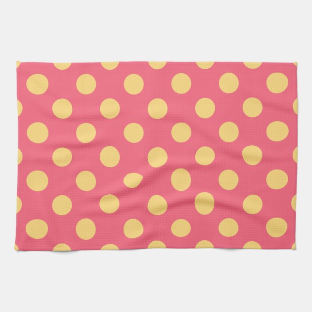 Gult polka dots på korall kökshandduk (Horisontell)