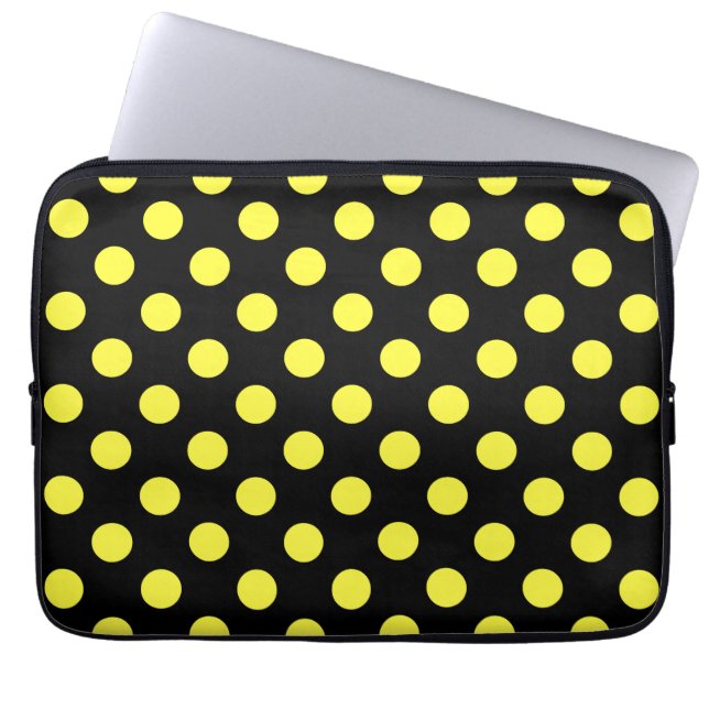 Gult polka dots på svart baksida laptop fodral (Framsidan)