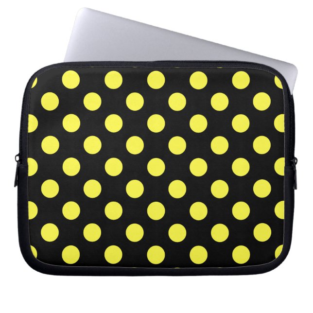 Gult polka dots på svart baksida laptop sleeve (Framsidan)