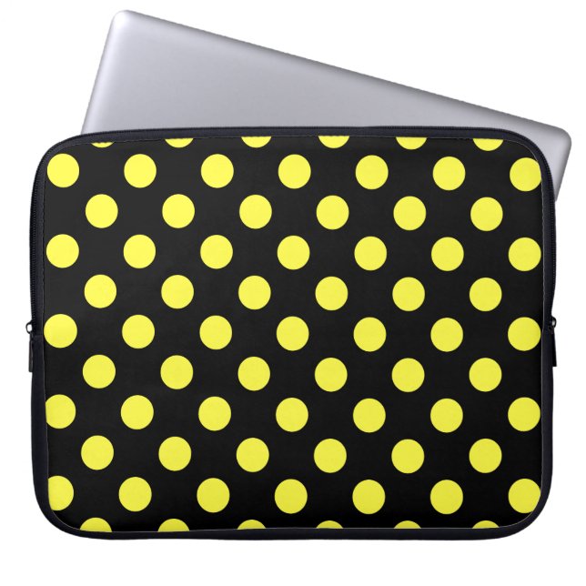 Gult polka dots på svart baksida laptop sleeve (Framsidan)
