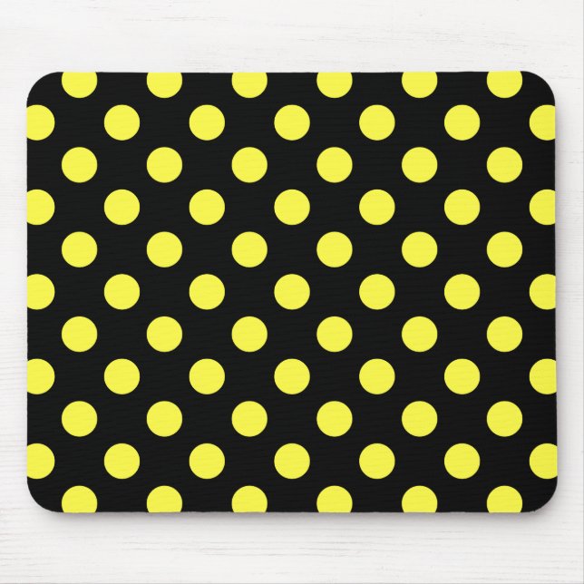 Gult polka dots på svart baksida musmatta (Framsidan)
