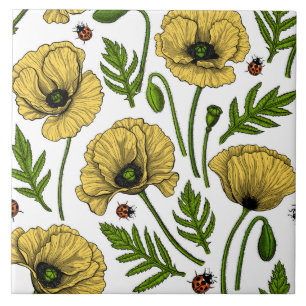 Gult poppies och ladybuggar kakelplatta