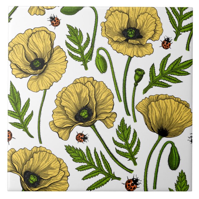 Gult poppies och ladybuggar kakelplatta (Framsidan)