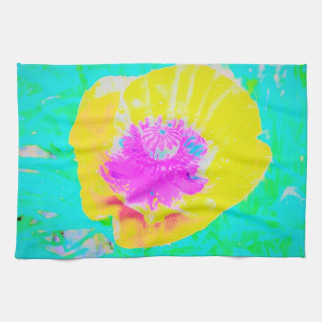 Gult Poppy med Shock rosa Center på Turcos Kökshandduk (Horisontell)