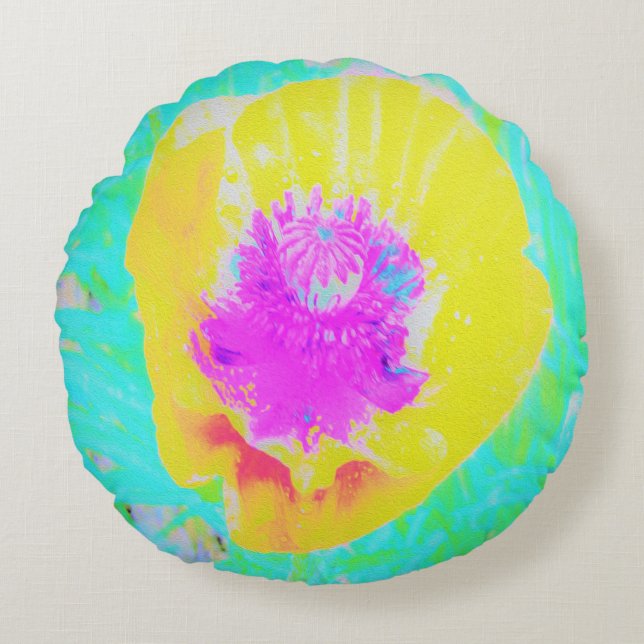 Gult Poppy med Shock rosa Center på Turcos Rund Kudde (Framsidan)