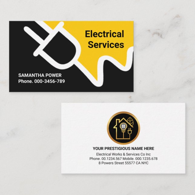 Gult Power Plug Electrician Service Visitkort (Fram/baksida)