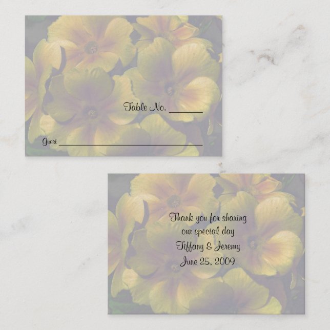 Gult Primrose Flowers Bröllop Bord Placeringskort (Fram/baksida)