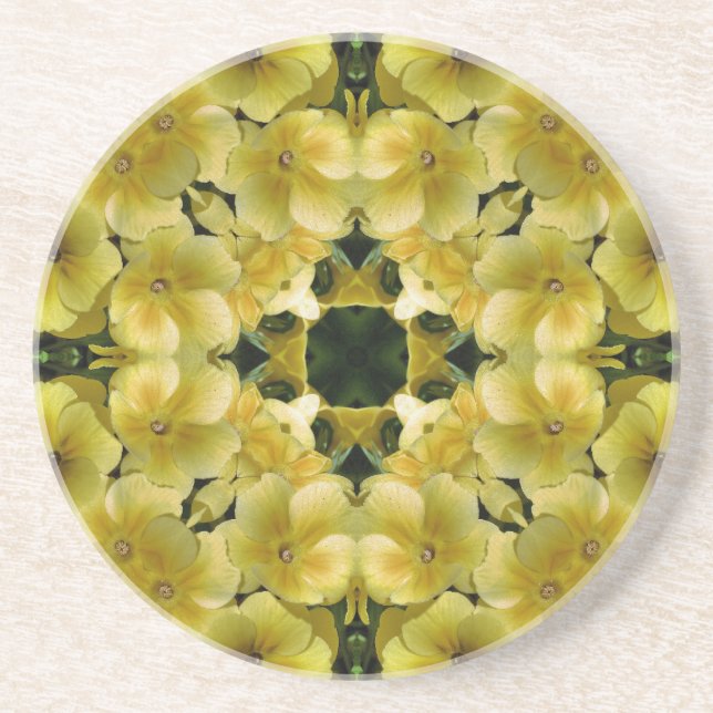 Gult Primrose Kaleidoscope Blommigt Underlägg Sandsten (Framsidan)