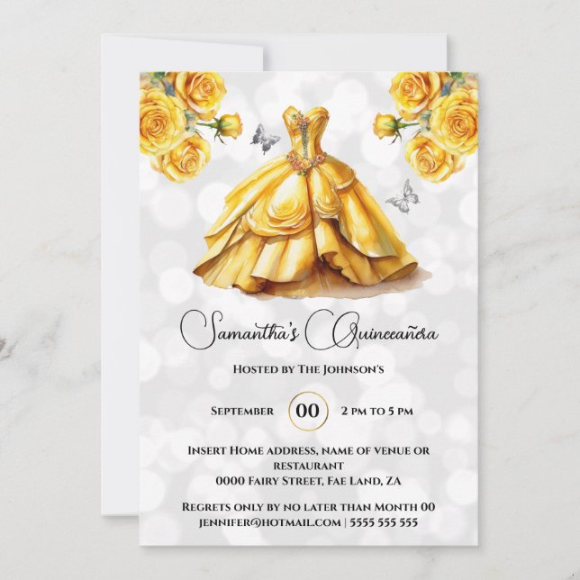 Gult princess Quinceañera fantasy ballgown ro Inbjudningar (Framsida)