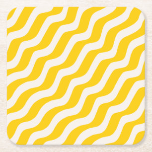Gult Psychedelic Rand Retro Vågigt Linjer Underlägg Papper Kvadrat