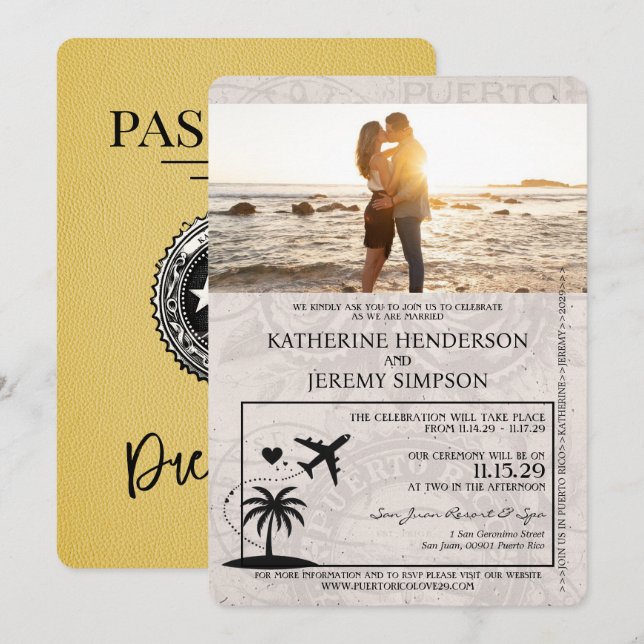 Gult Puerto Rico Passport Bröllop Inbjudningar (Fram/baksida)