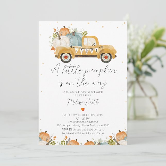Gult Pumpkin Lastbil Heart Baby Shower Inbjudningar (Stående Fram)