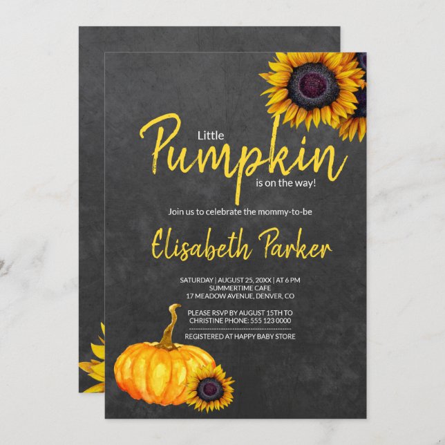 Gult Pumpkin Sunblommor Chalkboard Baby Shower Inbjudningar (Fram/baksida)