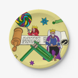Gult Purim Plate - Megilla & Grogger