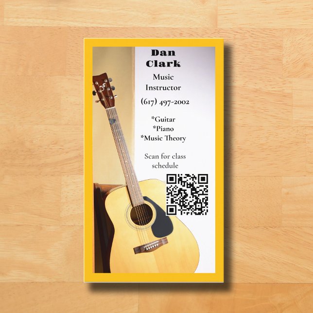 Gult QR Code Music Teacher Acoustic Guitar Visitkort (Yellow Music Teacher Guitar  Business Card )