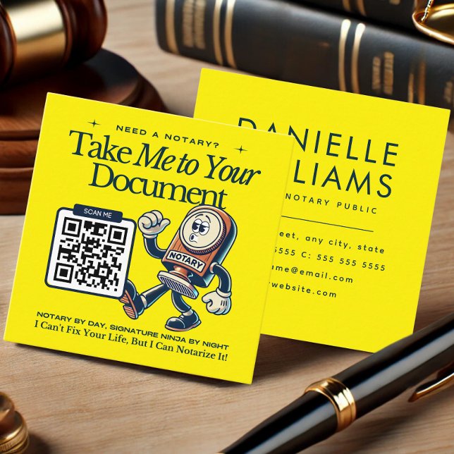 Gult QR-kod, notariellt Affärskort Fyrkantigt Visitkort (Yellow QR Code Notary Business Card - Take Me to Your Document Theme)