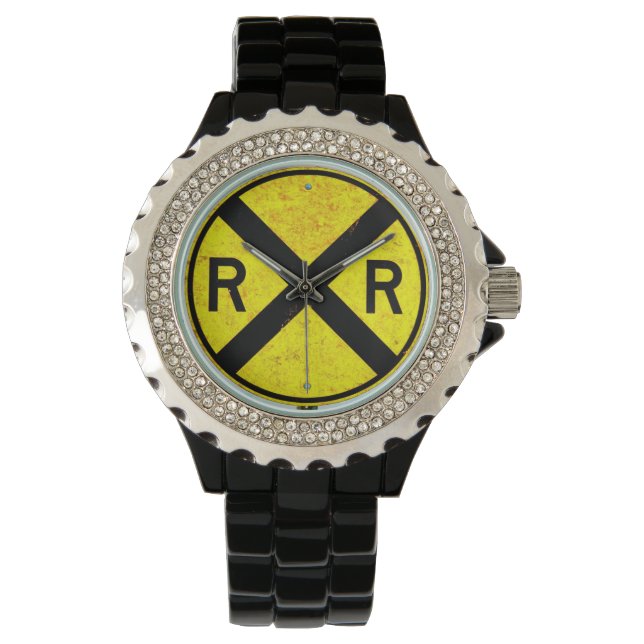Gult Railroad Crosing Sign Wrist Watch Armbandsur (Framsida)