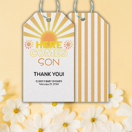 Gult Rand här kommer barnskåraren Presentetikett