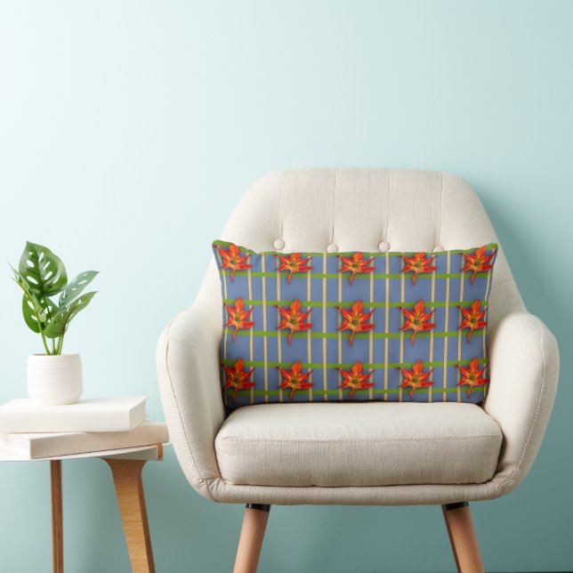 Gult Rand på Blue med Amaryllis Pillow Lumbarkudde (Stol)
