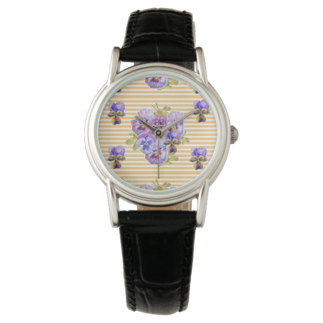 Gult Rand Shabby Pansy blommigt blomma Armbandsur (Framsida)
