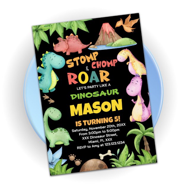 Gult Red Grönt Dinosaur Birthday-inbjudningar Inbjudningar (Skapare uppladdad)