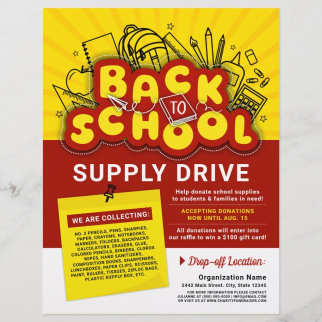 Gult & Red Roligt Back to school Supply Drive AD ( Reklamblad (Framsidan)