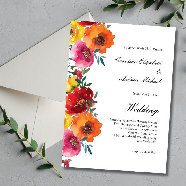 Gult Red Rosa Orange Watercolor Blommigt Bröllop Inbjudningar (Yellow Pink Red Orange Watercolor Florals Wedding Invitation. Printed or Digital download)