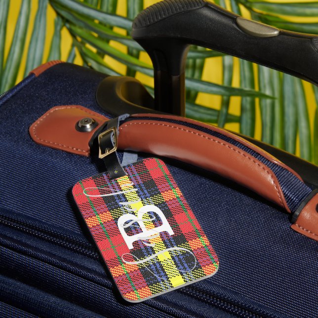 Gult & Red Tartan Checkered Monogram Namn Bagagebricka (Framsida Insitu 1)