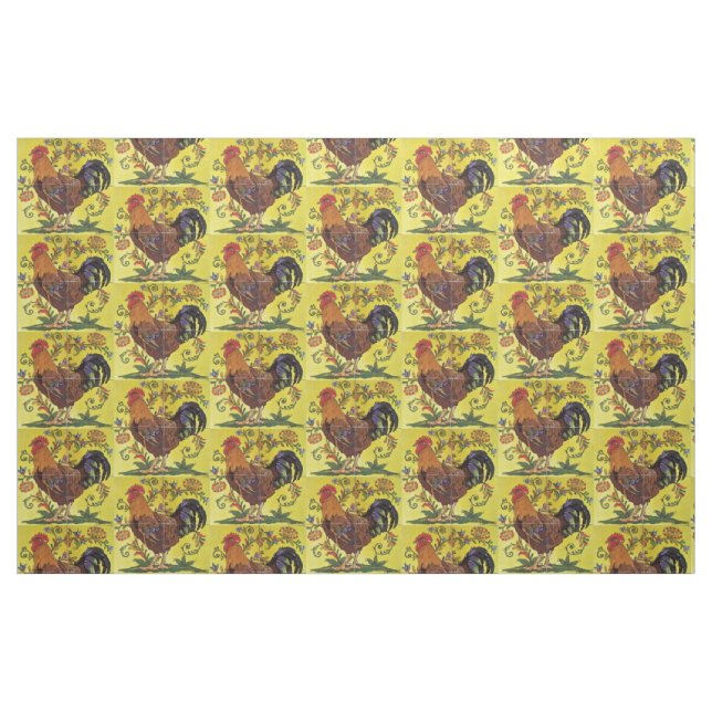 Gult Red Tupp Chicken Til Folk Art Fabric Tyg (Fat Quarter)