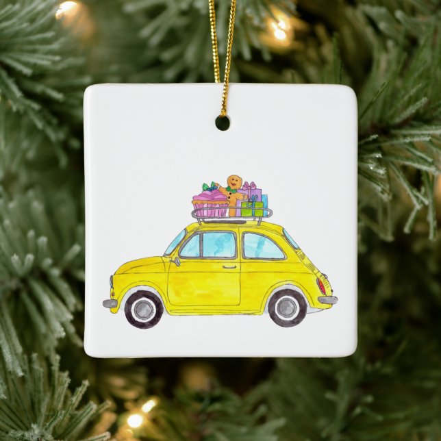 Gult Retro Fiat 500 julklappar Vattenfärg Julgransprydnad Keramik (Träd)