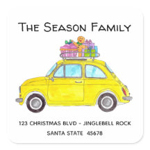 Gult Retro Fiat 500 med julklappar