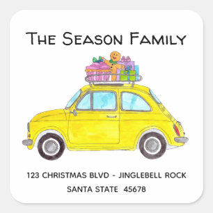 Gult Retro Fiat 500 med julklappar Fyrkantigt Klistermärke