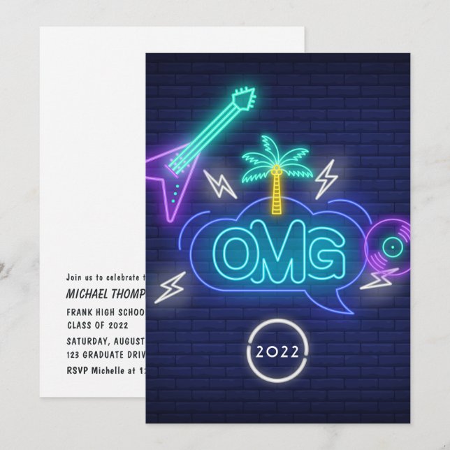 Gult Retro Music Neon Signs Studentfest Inv. Inbjudningar (Fram/baksida)