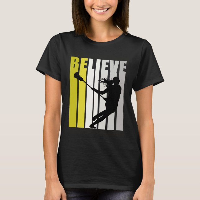 Gult Retro Womens tror att Lacrosse Motivational T Shirt (Framsida)