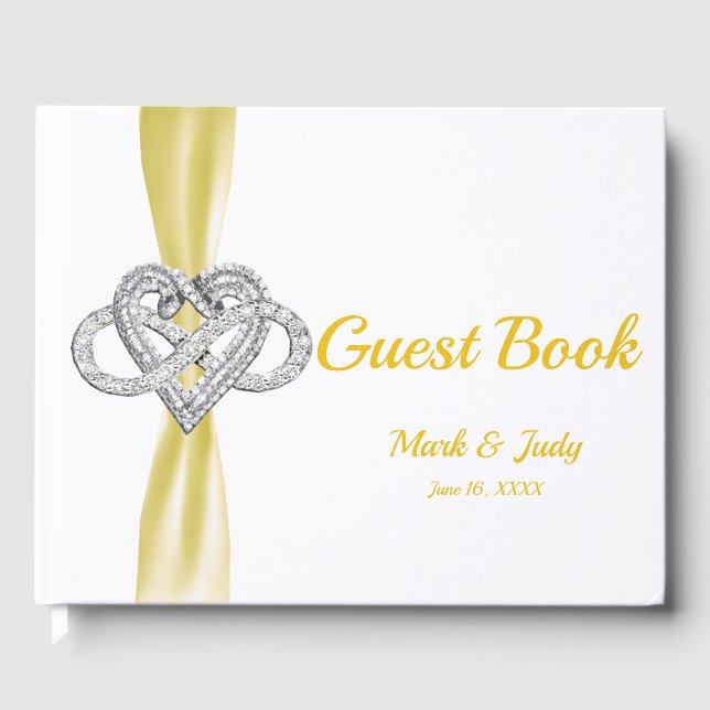 Gult Ribbon Infinity Heart Bröllop Guestbook Gästböcker (Framsida)